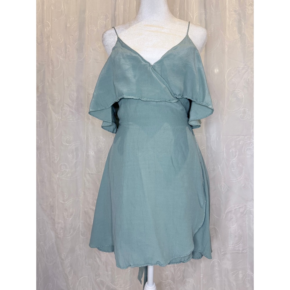 SWF Boutique Sage Green Ruffle Wrap Mini Dress Spaghetti Strap Rayon Size S